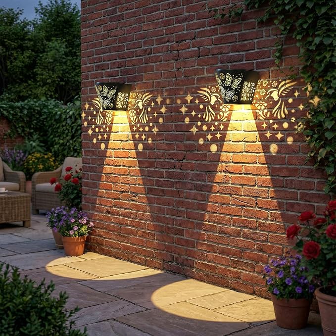 2 Pack Solar Fence Lights Outdoor Wall lihgts Decorations Metal Solar Deck Lights Waterproof LED Solar Powered Step Light Warm White Decorative Lighting for Garden, Front Door (Hummingbird)