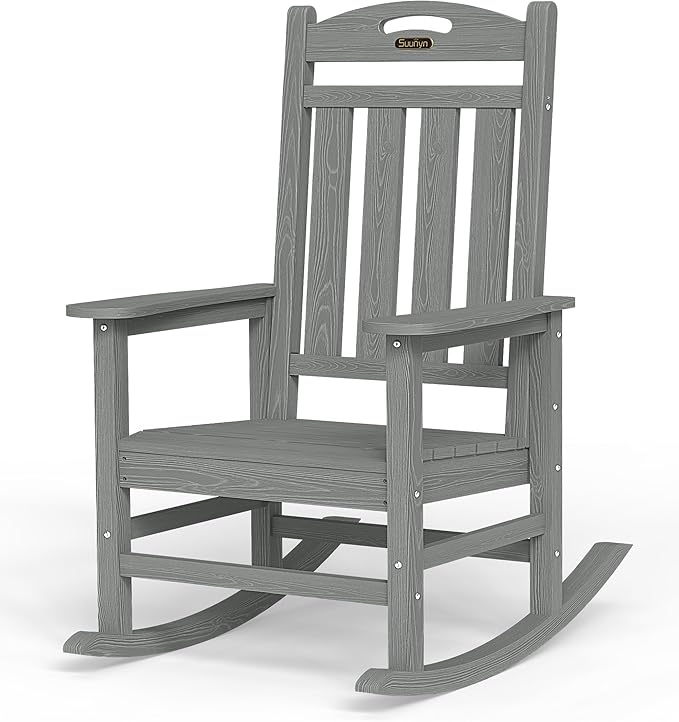 Oversized Rocking Chair Outdoor, High Back Porch Rocker Chair, HDPE All Weather Resistant Rocking Chairs for Patio, 380lbs Weight Capacity, Grey