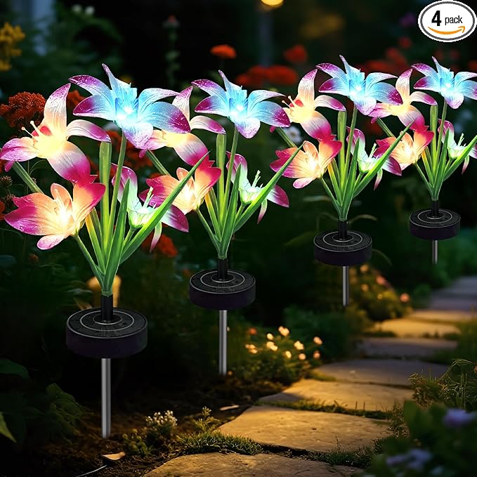 Upgraded Solar Garden Lights, 4 Pack Outdoor Solar Lights, New Round Panel for 40-Hour Runtime, Serve as Outdoor & Indoor Decor, 7-Color Changing Flower Lights, Waterproof for Patio Yard Decoration