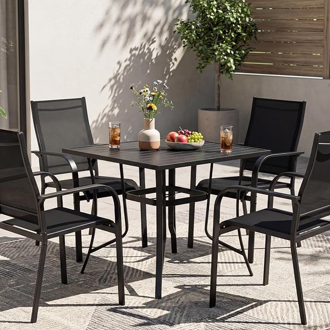 Tangkula 37" Metal Patio Dining Table for 4, Square Heavy Duty Outdoor Dining Table with Umbrella Hole, 4-Person Outside Dining Furniture for Porch, Garden, Balcony and Backyard