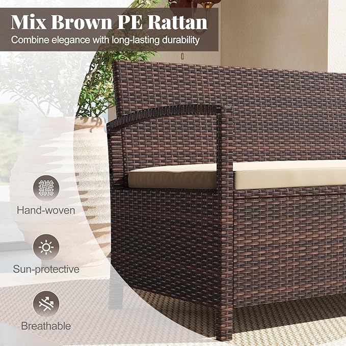 Tangkula 42 Gallon Outdoor Bench with Storage, Outdoor PE Rattan Storage Bench with Cushion, Backrest & Acacia Wood Armrests, Metal Frame, Waterproof Deck Box Seat for Porch Backyard Poolside