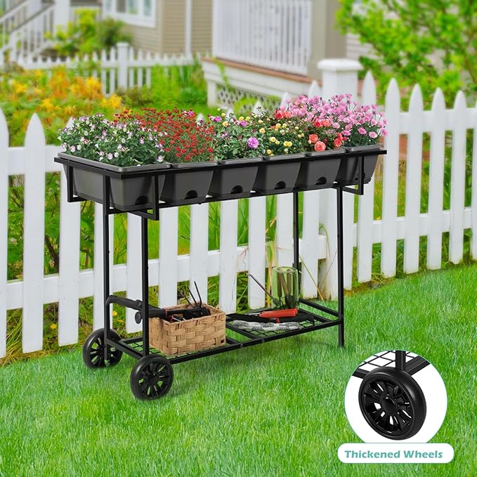 YBING Raised Garden Bed with Wheels Outdoor Elevated Planter Box Stand 6 Pocket Raised Flower Bed with Legs and Storage Shelf Herb Garden Planter for Patio 30" Tall, Dark Grey