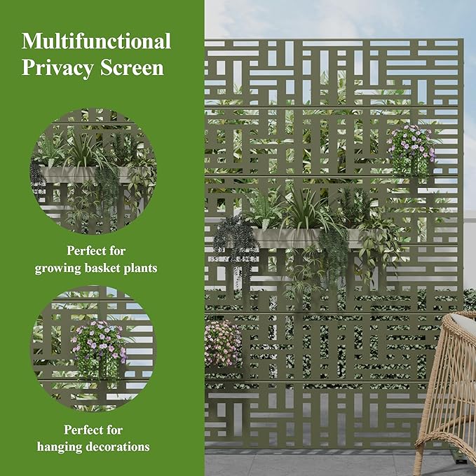Casaphoria Metal Privacy Screen Outdoor, 72" H x 47" W Freestanding Decorative Privacy Screen for Patio Deck Balcony Garden with Stable Base, Green-Helen