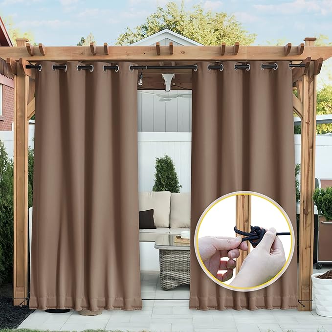NICETOWN 2 Panels Outdoor Curtains for Patio Waterproof, Top & Bottom Grommet & Back Tab, Blackout Outdoor Drapes with Rope for Fixed Windproof Keep Privacy & Warm for Porch, W52 x L95, Tan-Khaki