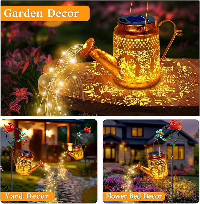 Solar Lights Outdoor Garden Decor, Cardinals Hanging Waterproof Watering Can Lights Outside Decorations for Yard Front Porch Patio Christmas Gift for Mom Grandma Women Birthday （with Shepherd Hook）