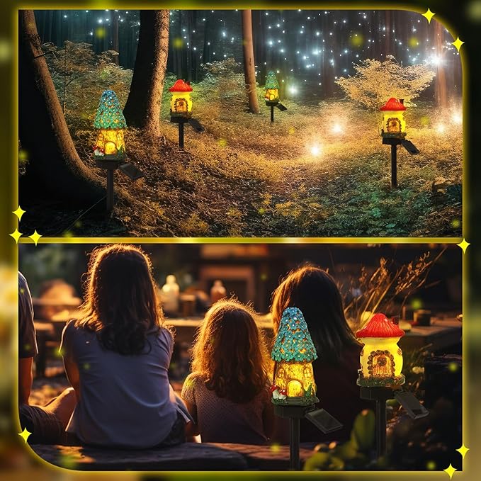 2 Pack Fairy Outdoor Garden Fairy House Mushroom Solar Light Home Statue LED Light for Spring Outside Garden Lawn Walkway Patio Yard Backyard Plant Decoration