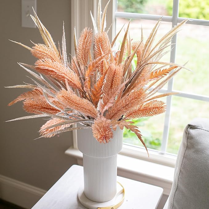 7 PCS Artificial Stems Fake Plants for Spring Summer Decor, 26 in Fake Leaves Greenery Branches Orange Silk Flowers Faux Foliage DIY Stems for Vase Home Kitchen Farmhouse Indoor Table Centerpiece