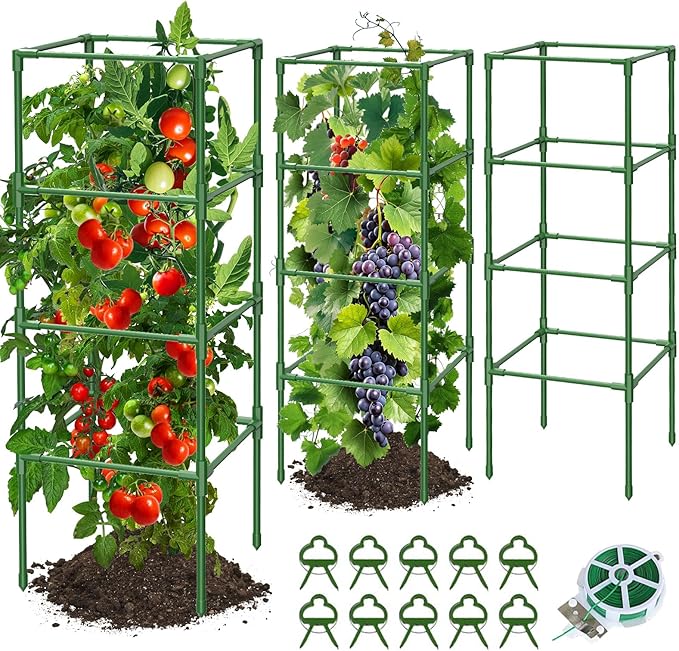 3 Pack Square Tomato Cages for Garden, 42 Inches Heavy Duty Metal Tomatoes Cages Plant Support Stakes Trellis with Clips for Climbing Plants Vegetables Flowers Fruits