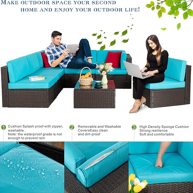 Vongrasig 7 Pieces Outdoor Patio Furniture Sets, Outdoor Sectional Rattan Sofa, PE Manual Weaving Wicker Patio Conversation Set with Cushion, Glass Table, Red Pillow (Blue)