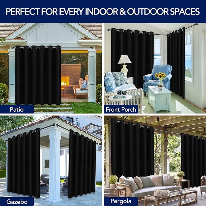 PureFit Outdoor Curtains for Patio Waterproof Weatherproof, UV Resistant Outside Curtains for Gazebo, Front Porch, Pergola, Sun Blocking Privacy Curtain, 100W x 84L inch, 1 Panel, Black