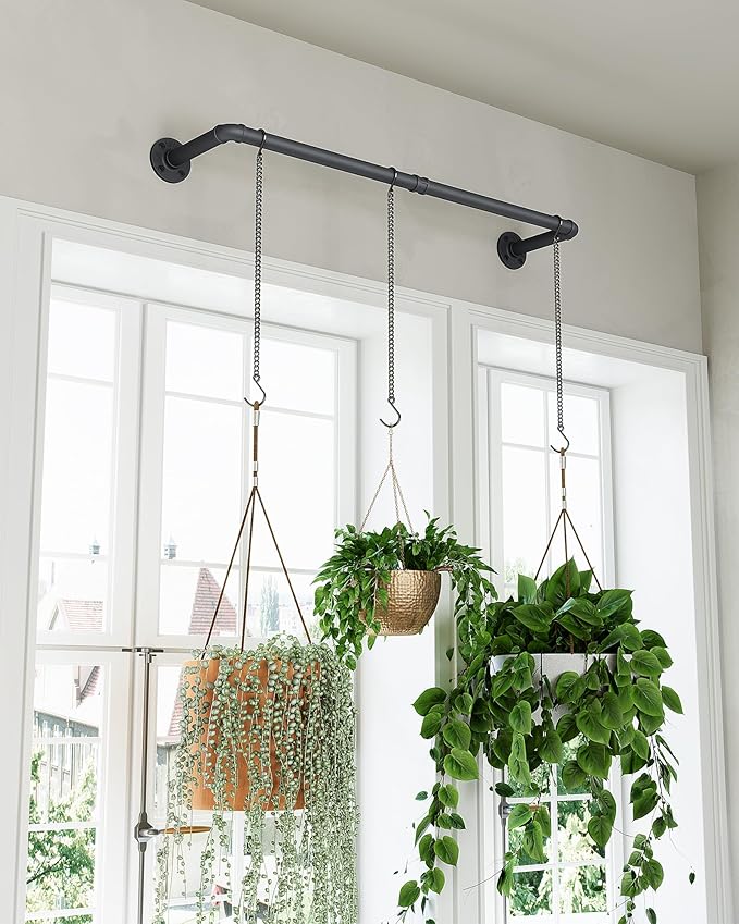 Plant Haning Rod, Hanging Planters for Indoor Plants with 3 Chains, Wall Plant Hanging Bar for Window Celling, 38.2 Inch, Metal Black, Pots Not Included