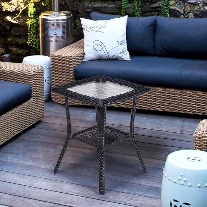 VINGLI Outdoor Side Table with Storage Wicker Patio Side Table, Tempered Glass Top End Table for Balcony Porch Deck (Black)