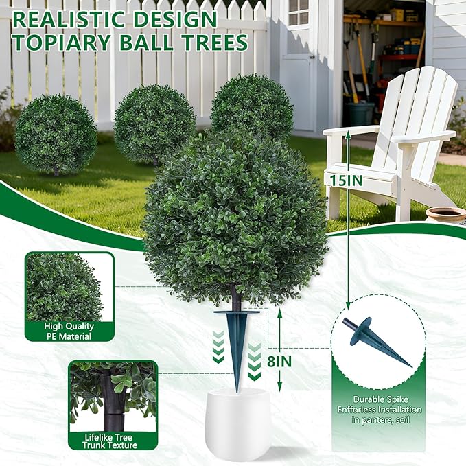 Artificial Boxwood Topiary Trees with Ground Spike,2 Pieces Fake Pine Shrubs Bushes, UV Resistant Faux Evergreen Cypress Tree Plants for Indoor Outdoor Planters Front Porch
