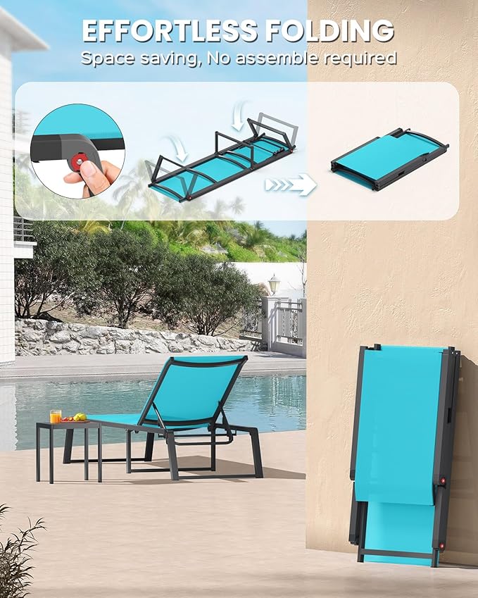Aluminum Chaise Lounge Outdoor Set of 2, Foldable & Assembly Free Patio Pool Lounge Chairs 5-Position Recliner for Outside Poolside, Fully Grounded Legs Sun Lounger for Beach, Yard, Lake Blue