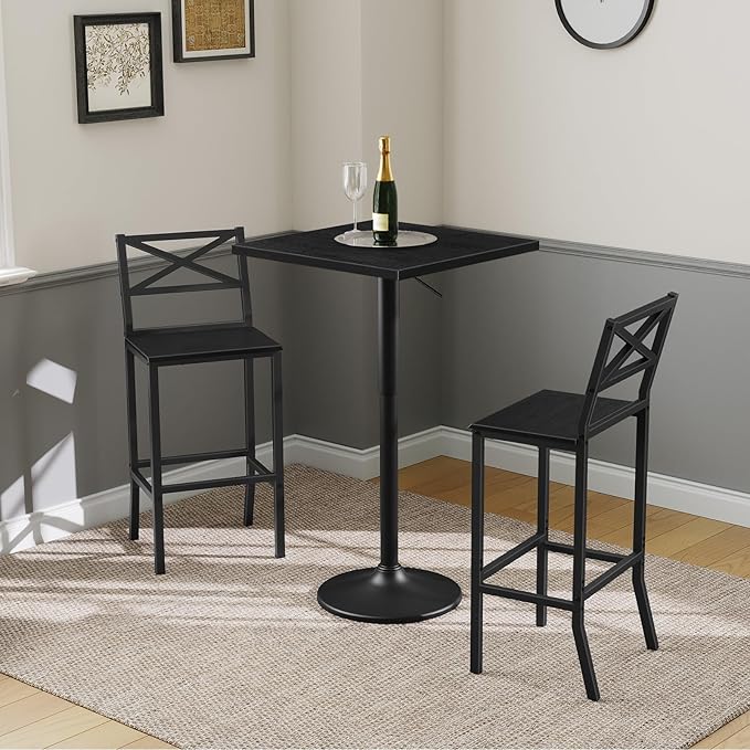 Bar Stools, Set of 2 Bar Chairs with Backrest and Footrest, 26" Tall Counter Bar Stools, Kitchen Breakfast Bar Chairs, Easy Assembly, for Dining Room, Black BAHB0901N1