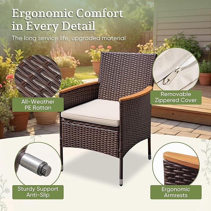 Greesum 9 Pieces Outdoor Patio Dining Set, Conversation Sets with 1 Table and 8 Rattan Chairs with Curved Acacia Wooden Armrests and Cushions, Brown