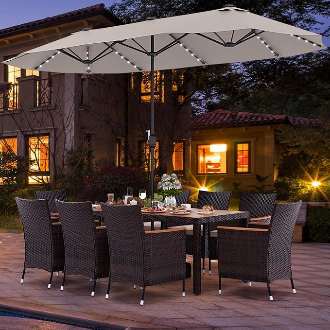 Tangkula 11 Pieces Rattan Outdoor Dining Set with 15Ft Solar Patio Umbrella for 8, Outdoor Wicker Table Set with 8 Cushioned Chairs, Acacia Wood Top, Outdoor Umbrella with Base Included