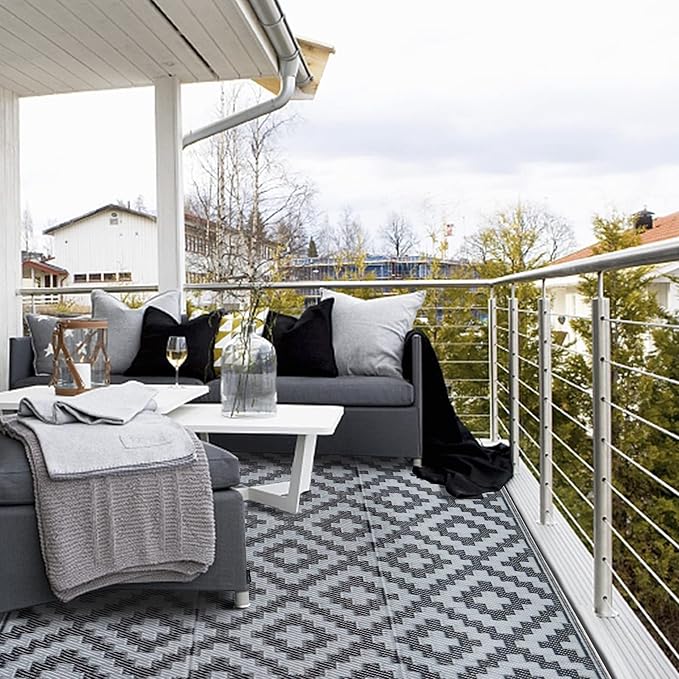 SAND MINE Waterproof Outdoor Rug 4x6 ft, Reversible Mats, Modern Area Rug, Large Floor Mat and Rug for Outdoors, RV, Patio, Backyard, Deck, Picnic, Beach, Trailer, Camping, Black & Grey Lattice