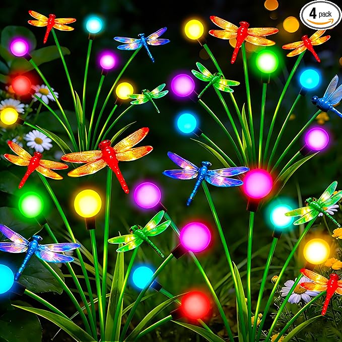 Solar Garden Lights Outdoor - 4 Pack Dragonfly Solar Swaying Light, Sway by Wind, Firefly Lights Outdoor Yard Patio Pathway Decoration, High Flexibility Iron Wire & Heavy Bulb Base(Multicolor)
