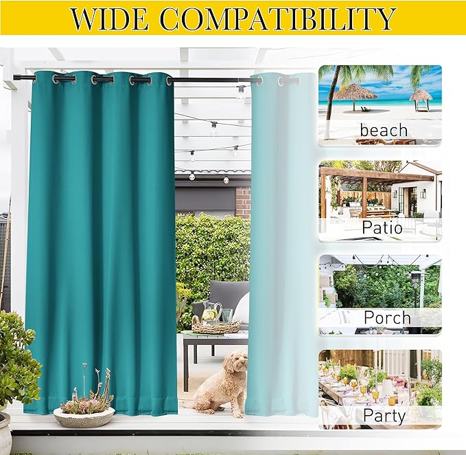 NICETOWN 2 Panels Weighted Blackout Outdoor Curtains for Patio Waterproof, Grommet & Back Tab on top and Bottom Windproof Privacy Thermal Drapes for Deck with Fixed Rope, W52 x L95, Peacock Teal