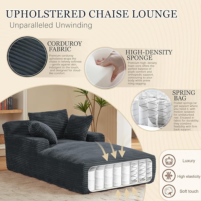 80 Inch Chaise Lounge Chair Indoor, Oversized Corduroy Upholstered Boneless Sofa Bed, Deep Seat Sleeper Couch Reading Chairs, Cloud Sofas Couches for Living Room, No Assembly Required (Dark Grey)