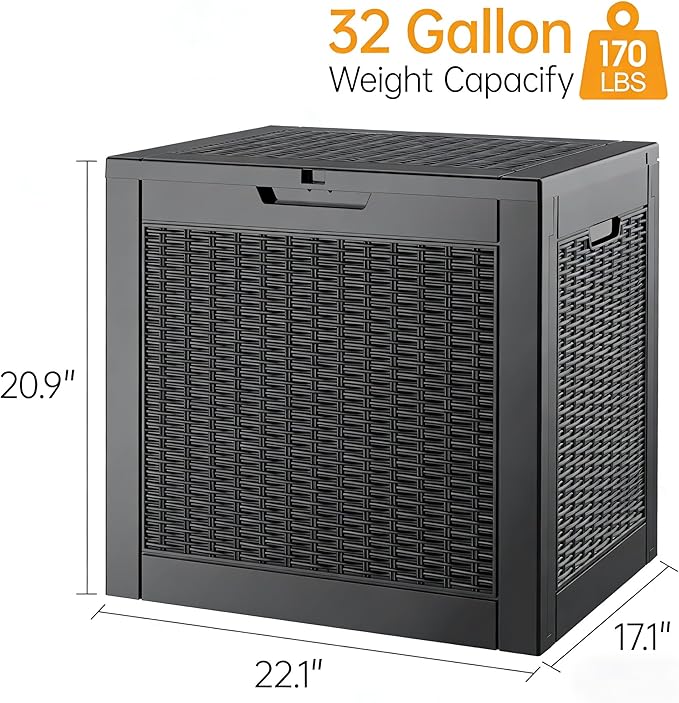 Outdoor Storage Box, Resin Deck Boxes Indoor and outdoor, Waterproof Storage Box Lockable Lid (Black,32 Gallon)