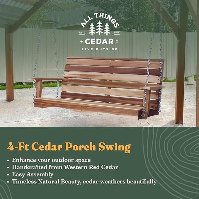All Things Cedar Wooden Porch Swing, Outdoor Patio Furniture, 4 Foot, Natural
