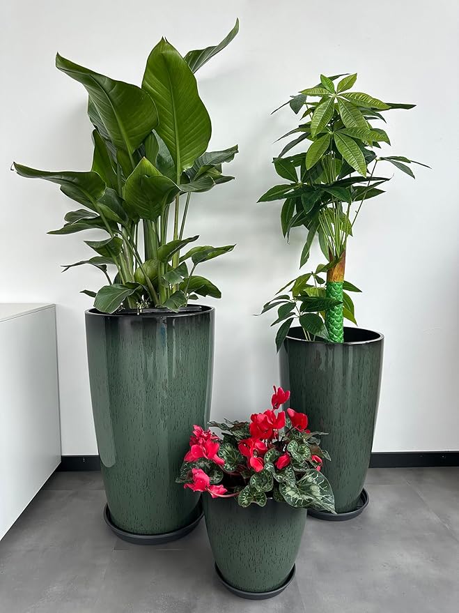 24,21,11 Inch Large Plastic Planters with Drainage Hole and Saucer - Set of 3 Tall Plant Pots Indoor Flower Pot Tall Round Planters Outdoor Large Tall Planter