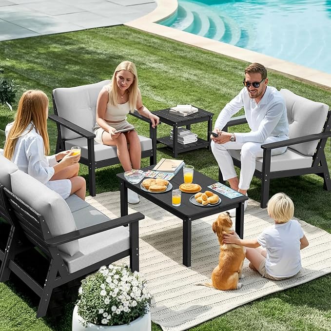 6-Piece HDPE Patio Furniture Set, Outdoor Sectional Sofa Set,All Weather Outdoor Couch with Dust-Free Cushions, Durable Patio Conversation Sets for Balcony, Porch, Black