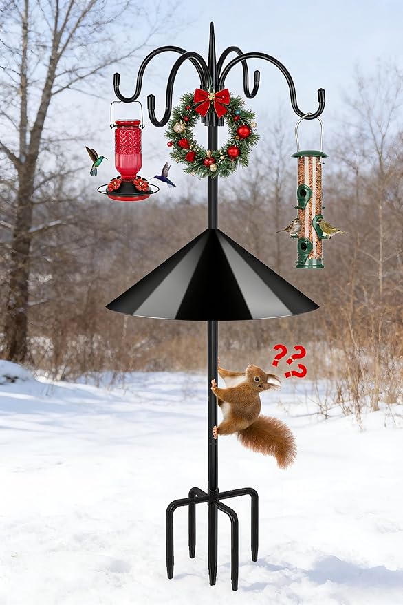 FEED GARDEN 4-Hook Squirrel-Proof Bird Feeder Pole - 92" Heavy-Duty Shepherd's Hook with 5-Prong Base & 19" Baffle for Multiple Feeders & Plants