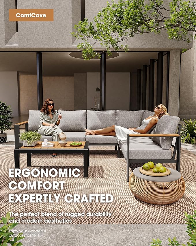 Aluminum Outdoor Patio Furniture Set 6 Seats, Outdoor Sectional Corner Sofa with Thick Waterproof Cushions & Coffee Table, Patio Conversation Sets for Backyard, Porch, Balcony, Deck, Gray