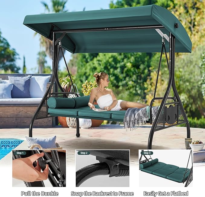 HOMREST 3 Seat Outdoor Porch Swing with Adjustable Canopy, Convertible Patio Swing Bed with Stand, Patio Glider Swing with Upgraded Cup Holder, Thicken Cushions ＆ Pillow for Backyard（Green）