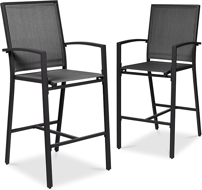 Best Choice Products Outdoor Bar Stools Set of 2, Bar Height, Patio Furniture, All Weather Mesh Design w/Armrest - Black /Black