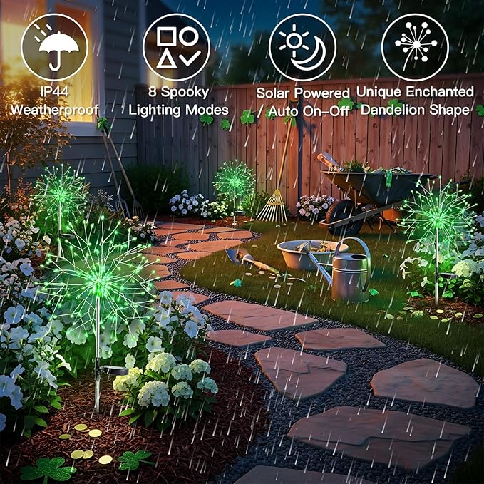 suddus St. Patrick's Day Decorations Solar Firework Lights - 150 LED Green Outdoor Garden Lights, 8 Modes DIY Sparkler Lights, Waterproof Solar Stake Lights for Yard, Pathway Flowerbed Decor (2 Pack)