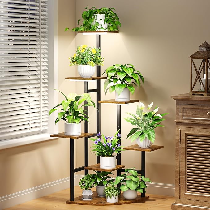 Corner Plant Stand Indoor with Grow Lights, 7 Tiered Plant Shelf Indoor, 43" Corner Plant Stands for Indoor Plants, Metal Plant Flower Display Shelves, Plant Organizer Rack for Living Room, Balcony, Home Decor