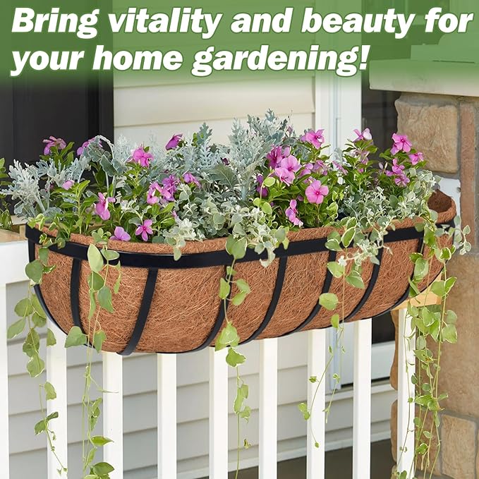 ZeeDix 24 Inch Railing Planter Box, 2 Pack Metal Window Boxes with Coco Liners for Railing, Hanging Flower Boxes for Deck Porch Balcony & Fence Outdoor Indoor Lawn