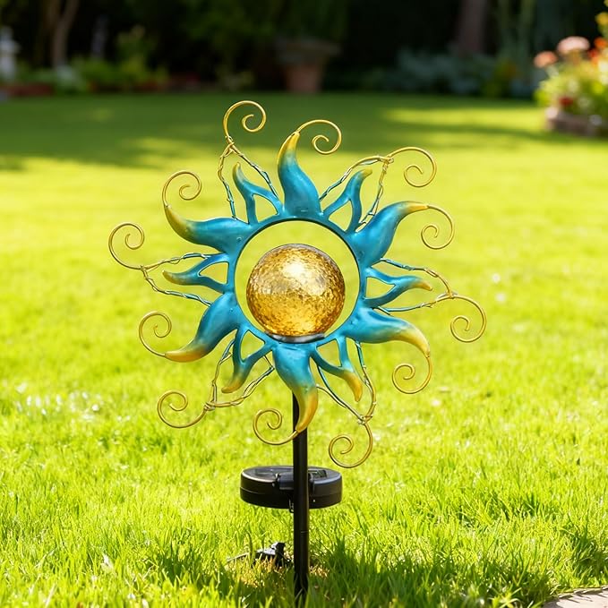 Solar Lights Outdoor Garden Decor, Blue Metal Sun Crackle Glass Globe Stake Waterproof 30LED Decorations Unique Gifts for Women,Mom,Outside, Patio,Lawn,Yard,Pathway