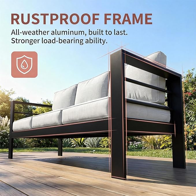 Kiss the Water Outdoor Couch Aluminum Patio Furniture Sofa, 3 Seat All-Weather Metal Patio Couch with 5" Thick and Soft Cushion and Wide Arm, Outdoor Sofa for Balcony, Porch