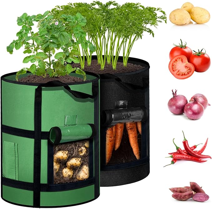 7 Gallon Potato Grow Bags with Viewing Window, 300G Nonwoven Garden Planting Pots, Heavy-Duty Surround Handles for Gardening Supplies (2Pack Grow Bags)