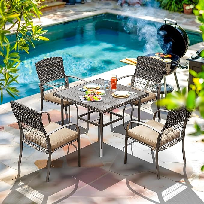 Pamapic Outdoor 5-Piece Patio Dining Set, Weather Resistant PE Rattan Table and Chairs, Comfortable Cushions, Easy Maintenance, 5 PCS, Beige