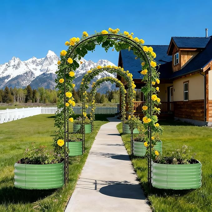 DoCred 3 in 1 Raised Garden Bed with 87in Tall Arch Trellis for Climbing Plants, Galvanized Planter Garden Box Outdoor for Gardening, Climbing Vegetables, Flower, Green