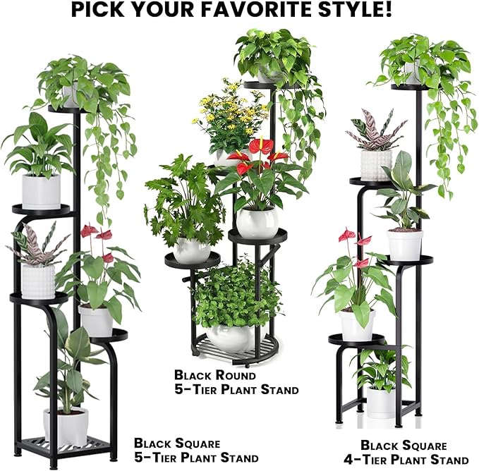 TOSKING 5 Tier Tall Plant Stand Indoor Outdoor, Heavy Duty Corner Plant Stand with Space-Saving Plant Shelf for Multiple Plants| Round Plant Table Design for Living Room Balcony Garden (Black, 38in)