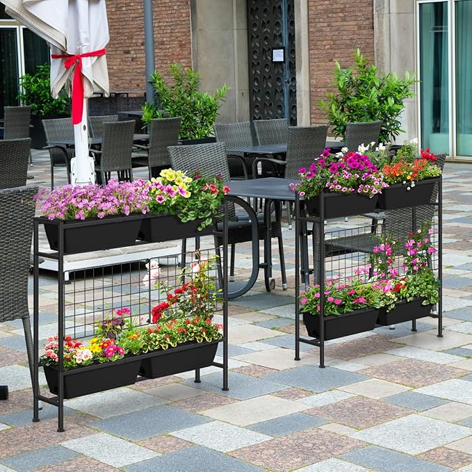OYEAL Raised Garden Bed 32" Tall Elevated Planter Boxes with Trellis & Legs, Standing Herb Garden Planter Outdoor for Gardening, Vegetables, Flowers, Herbs, Backyard, Black