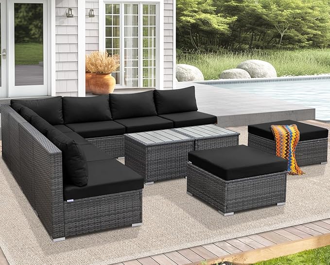 NICESOUL 11 Piece Modern L Shaped Outdoor Sofa Set, 29.3'' High Back Comfy Big Size Wicker Patio Modular Sectional with Table & Ottoman, Rattan Conversation Furniture, 2 Color Cushion Black & Gray