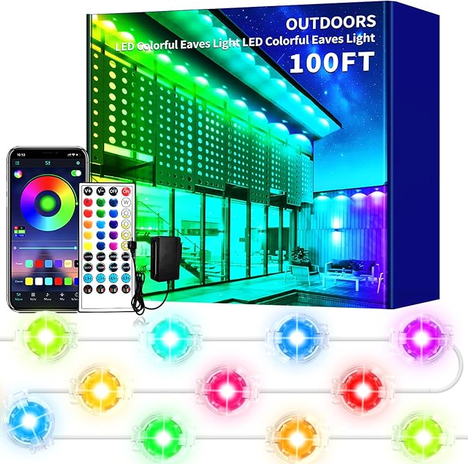 100FT Permanent Outdoor Lights Waterproof Smart LED RGB Light with App/Remote Control, Music Sync & DIY Scenes, Permanent Christmas Lights for House Roof, Parties & Daily Decor