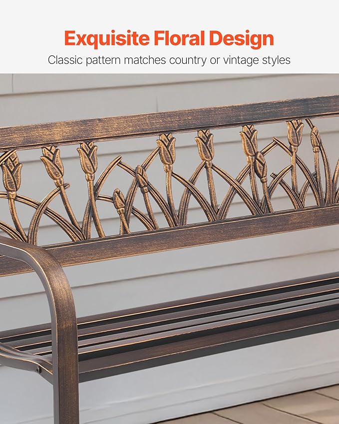 VEVOR Outdoor Bench, 50 inch, Carbon Steel Metal Frame with PVC Floral Pattern Backrest and Round Edge Armrests, Weatherproof Outside Bench for Patio, Garden, Park, Yard, Front Porch, Antique Bronze