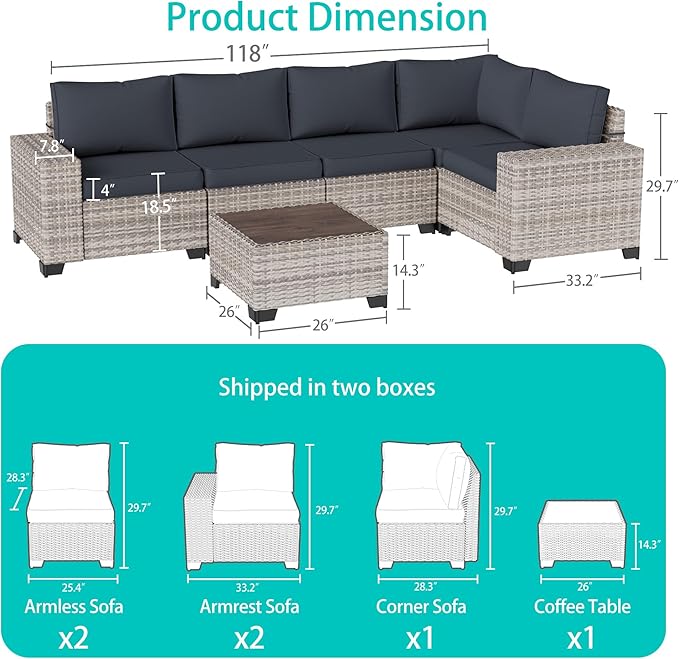 6-Piece Outdoor Patio Furniture Set Wicker Sectional Sofa Set, Patio Conversation Set with Thickened Cushions & Coffee Table for Garden, Backyard, Poolside, Dark Grey