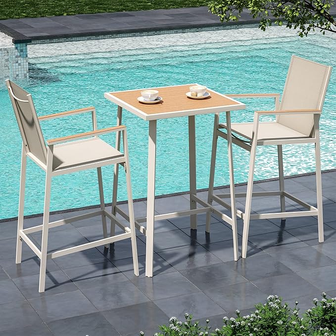 LAUSAINT HOME 3-Piece Patio Bar Set, All Weather Textilene Bar Height Table and Chairs Set with Wood Like-Top Table, Metal Counter Height Bar Stools and Table Set for Garden, Deck, Balcony