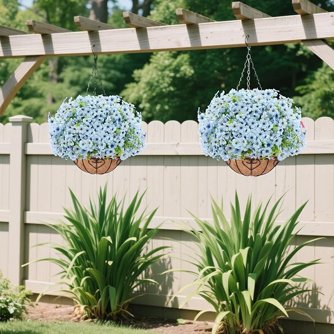 Artificial Hanging Flower for Outdoors, Fake Hanging Basket for Outside,1 Hanging Basket with 13 Pcs Faux Silk Flowers for Porch, Balcony and Patio Decor(Blue)