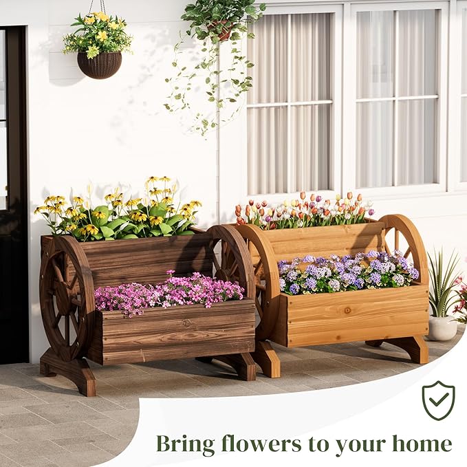 Wooden Wagon Planter Flower Cart with Wheels Garden Box Garden Planter, Decorative Planter for Flowers Herbs Vegetables for Indoor & Outdoor Décor Flower Cart for Patio Garden Balcony (Brown)